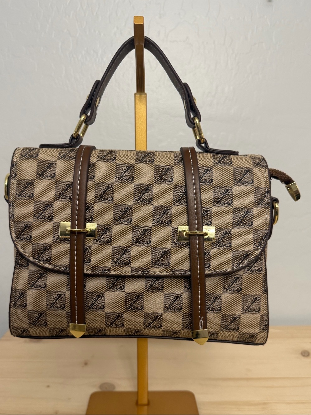 Brown Checker Crossbody Handbag - Women's Top Handle Bag